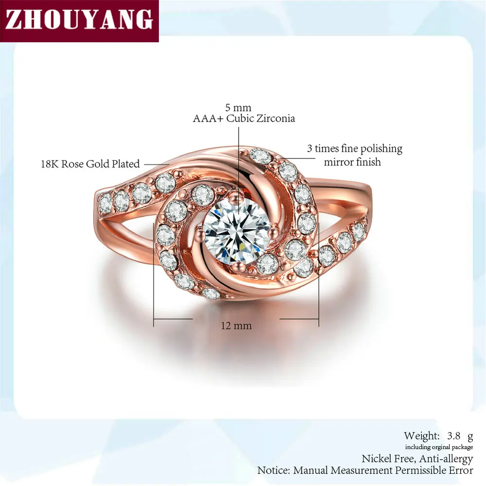 ZHOUYANG, обручальное кольцо для женщин, розовое золото, четыре когтя, спиральный дизайн, роскошный кубический цирконий, подарок, модное ювелирное изделие R780