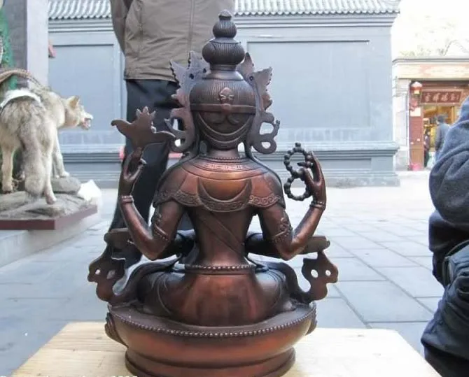 12 &quotкитайский красный Бронзовый Четыре Руки Кван-Инь Бодхисаттва Статуя Будды |