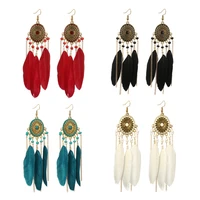bohemian feather drop dangle statement earrings for women vintage fashion jewelry round green indian long earrings za 2019