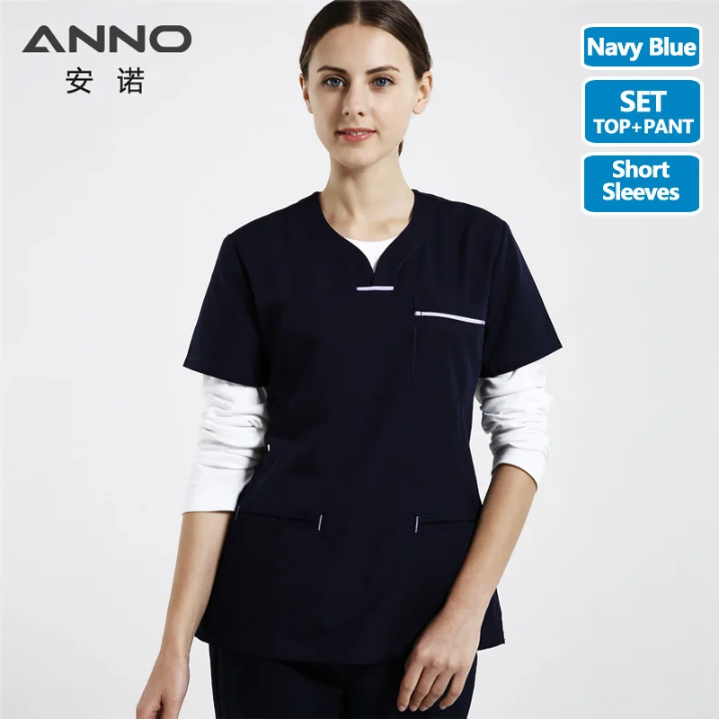 Navy Blue(HeiLan) ANNO, медицинская одежда для тела, Женская Больничная униформа медсестры, Набор Хирургических скрабов для кормления, включает в себя топы и штаны, одежда для стоматолога - Цвет: Navy Blue(HeiLan)