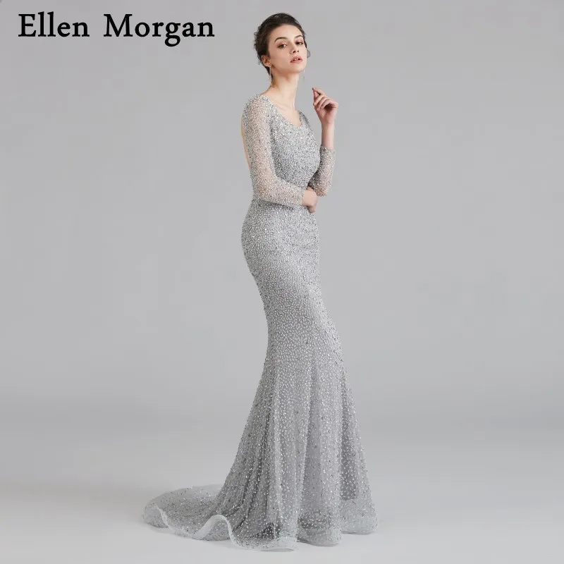 Серые вечерние платья без спинки с длинным рукавом 2019 Robe De Soiree Дубай Кафтан