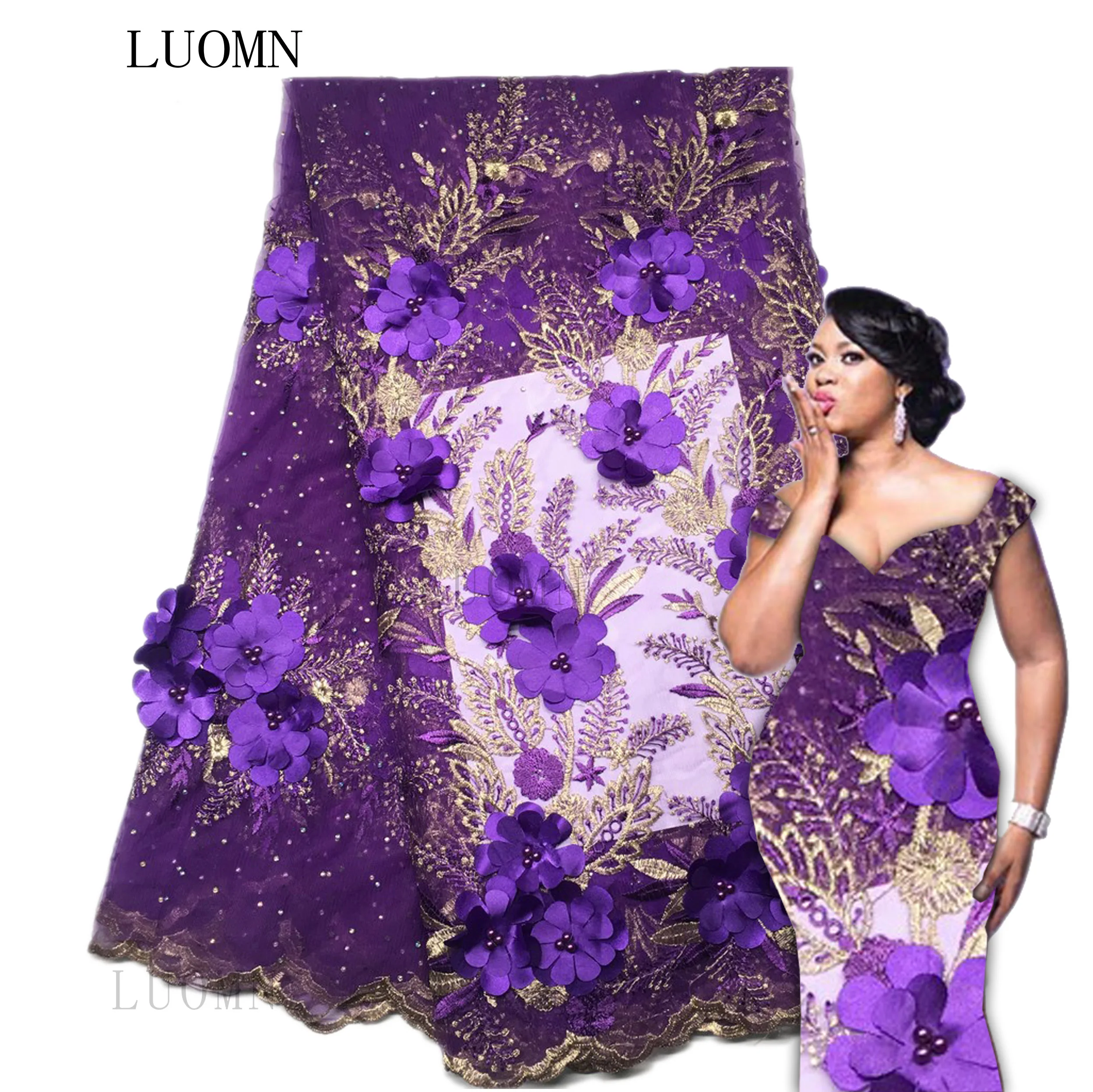 LOUMN золотая нить африканская Тюль кружевная ткань для вечеринки платье. Высокое