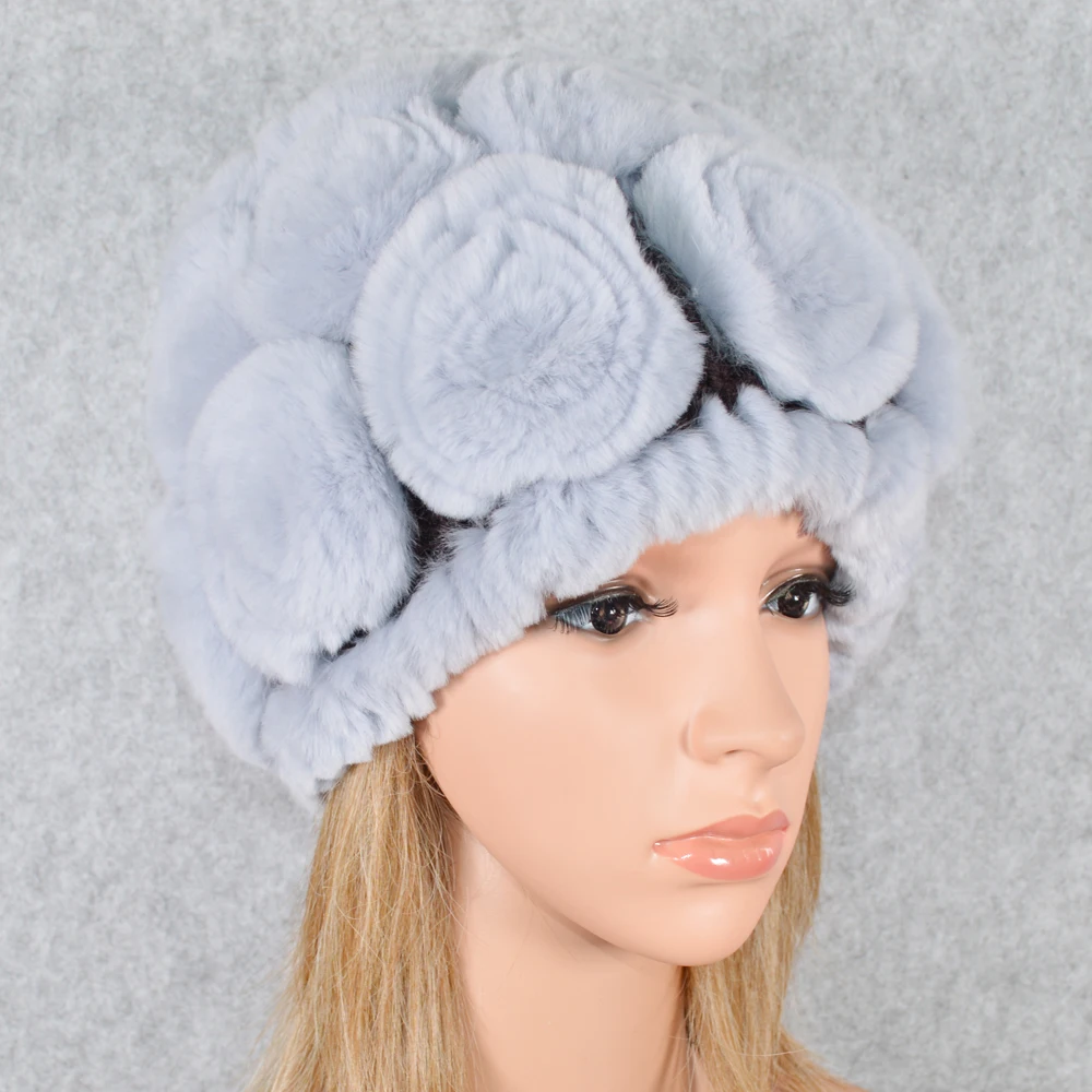 Лидер продаж зимняя женская Knitted100 % натуральный настоящий мех кролика шапки