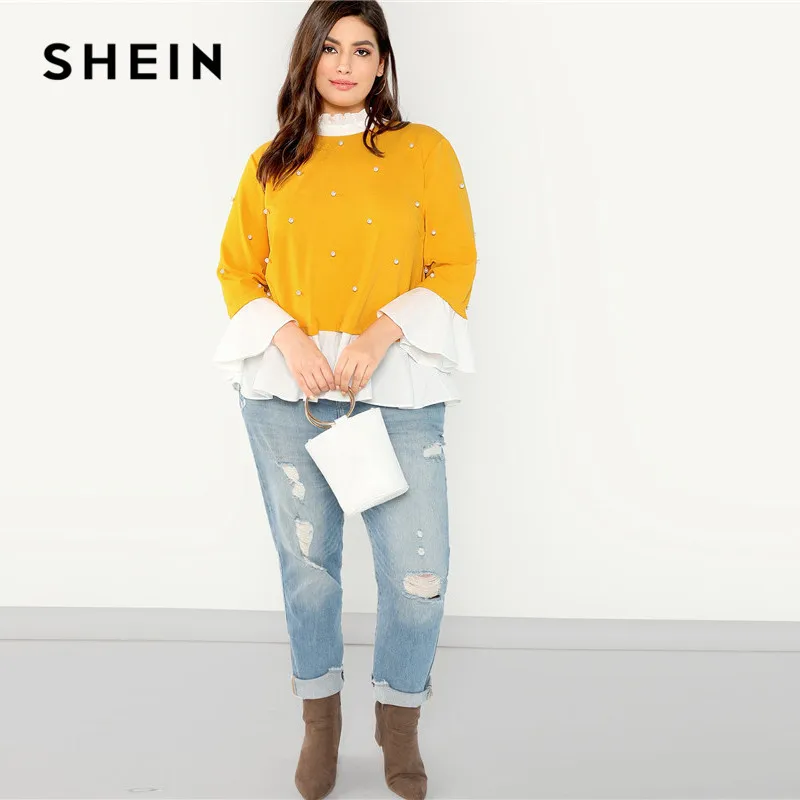 SHEIN Плюс Размеры Отделкой Оборкаой Блузка С Бисерами Элегантный Топ С Воланами С Жемчугом На Пуговицах