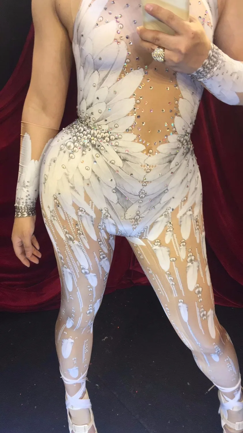 Комбинезон с белыми перьями и кристаллами для танцев|rhinestone bodysuit|dance outfitbodysuit rhinestone