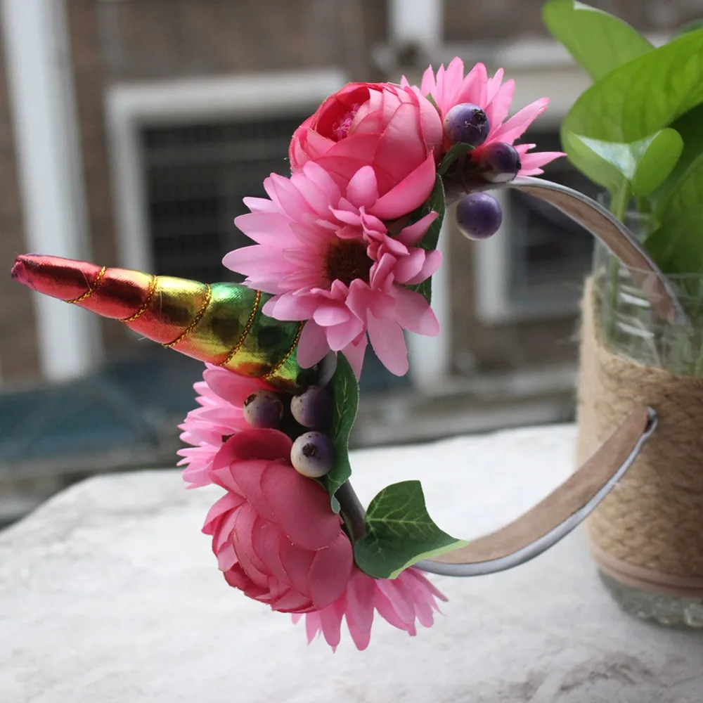 Повязка на голову с рогом единорога Цветочная корона для девочек день рождения