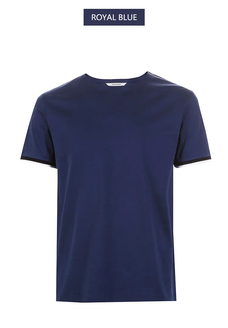 JackJones Мужская хлопковая контрастная Однотонная футболка с круглым вырезом и короткими рукавами | 219201509