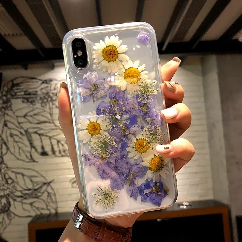 Настоящие сухие цветы чехол для телефона для iPhone X 7 8 Plus прозрачный мягкий ТПУ красивый прессованный задний Чехол для iPhone 11 11 Pro Max