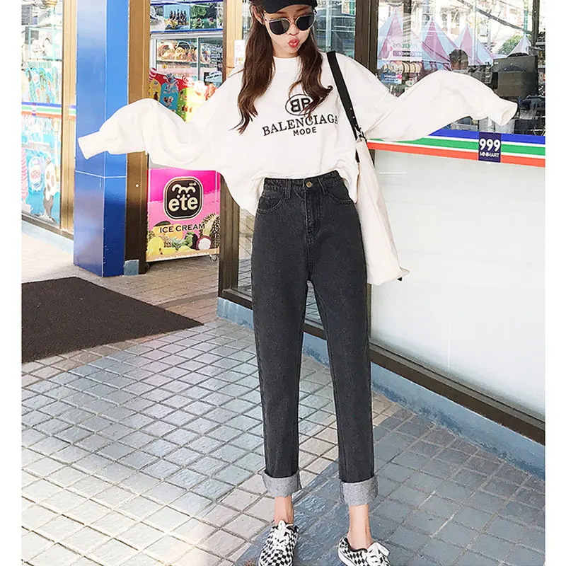 2019 spring new women's clothing high waist loose thin nine points wide leg jeans autumn solid color wild women straight trouser |