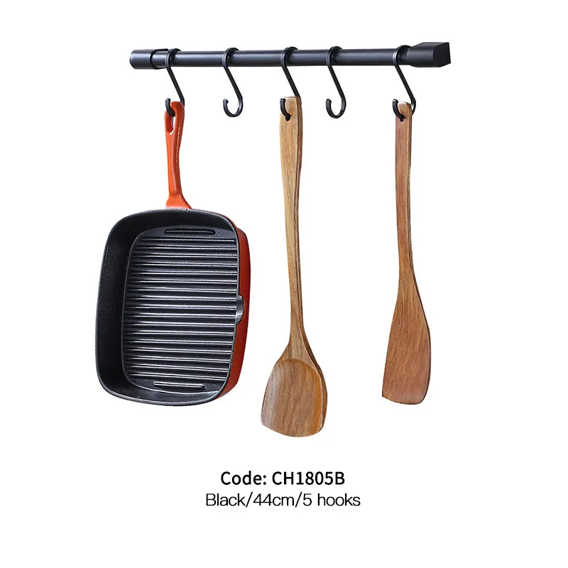 Black-440mm-5 Hooks KAIYING изысканные Кухня настенное крепление эстакады, Алюминий крышку для утвари полка-органайзер для хранения, набор, Кухня аксессуары, CH18 - Цвет: Black-440mm-5 Hooks