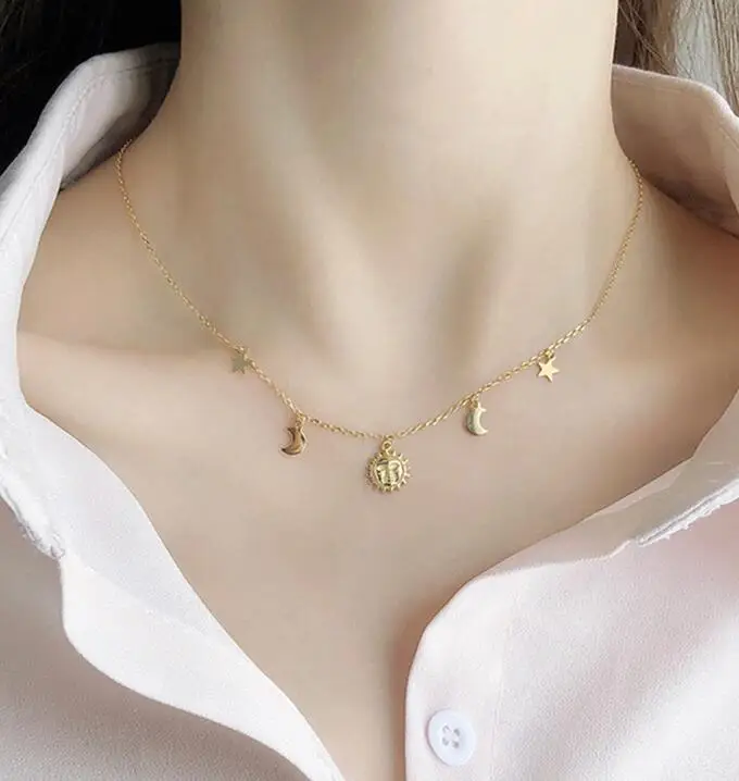 gold 925 пробы серебряные сверкающие подвески с Луной и звездами и солнцем, изысканные ожерелья для женщин, 925 серебряные ювелирные изделия, подарок - Окраска металла: gold