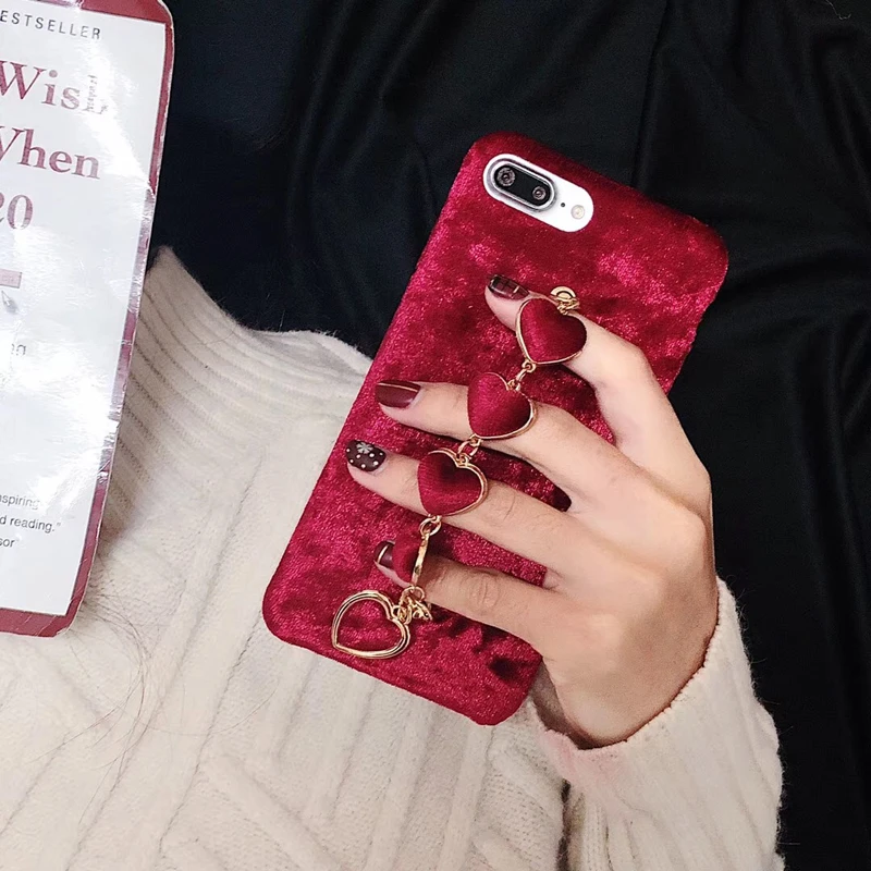 Red Warm Cloth Fur Phone Cases For iPhone X 7 8 6 6S Plus Love Heart Hand Strap Back Cover iPhoneXs Xr Xsmax | Мобильные телефоны и