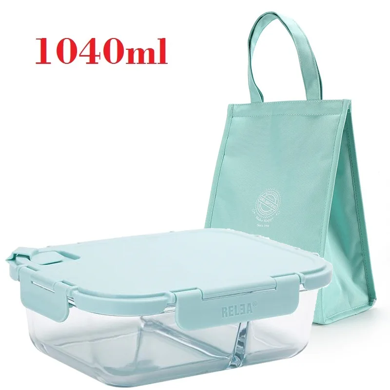 1040ml and Large Bag Microwavable стеклянный Ланч-бокс с разделителем, крышкой, сумкой; приготовление еды стеклянные контейнеры для хранения продуктов с 2 отсеками; ланч-контейнер - Цвет: 1040ml and Large Bag