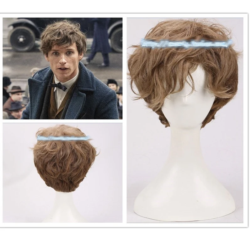 

Fantastic Beasts and Where to Find Them Newt Short Brown Gradient Curly Cosplay Wig Halloween Prop Hair Role Play + Wig Cap