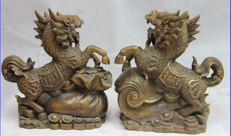Chinese Folk Old Copper Bronze Feng Shui Evil Foo Fu Dog Lion Pair fast | Дом и сад