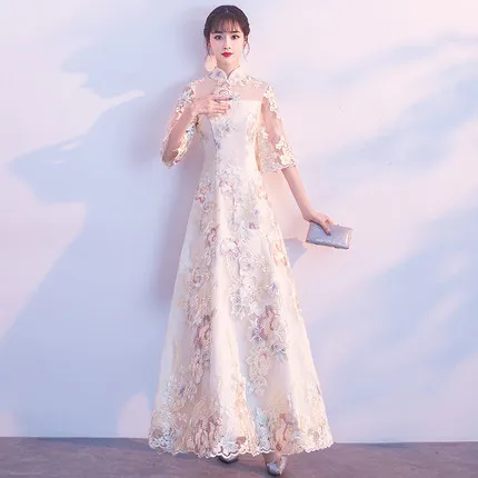 Champagne Шампанское кружевное китайское платье Qipao вечерние платья свадебное платье с разрезами по бокам и воротником-стойкой платье новое вечернее платье восточные Свадебные платья Vestido Размер 2XL - Цвет: Champagne