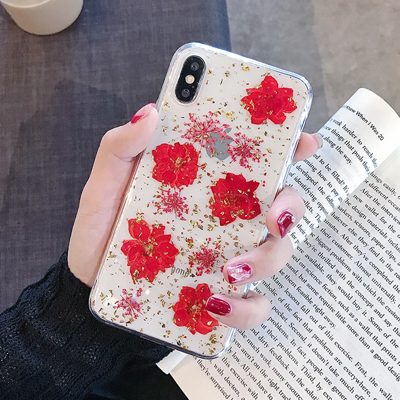 Red Настоящие цветы, сухоцветы, мягкая задняя крышка из ТПУ для iphone 6, 6 S, 7, 8 plus, чехол, прозрачный чехол для телефона, для iphone X, XR, XS, Max, Capa - Цвет: Red
