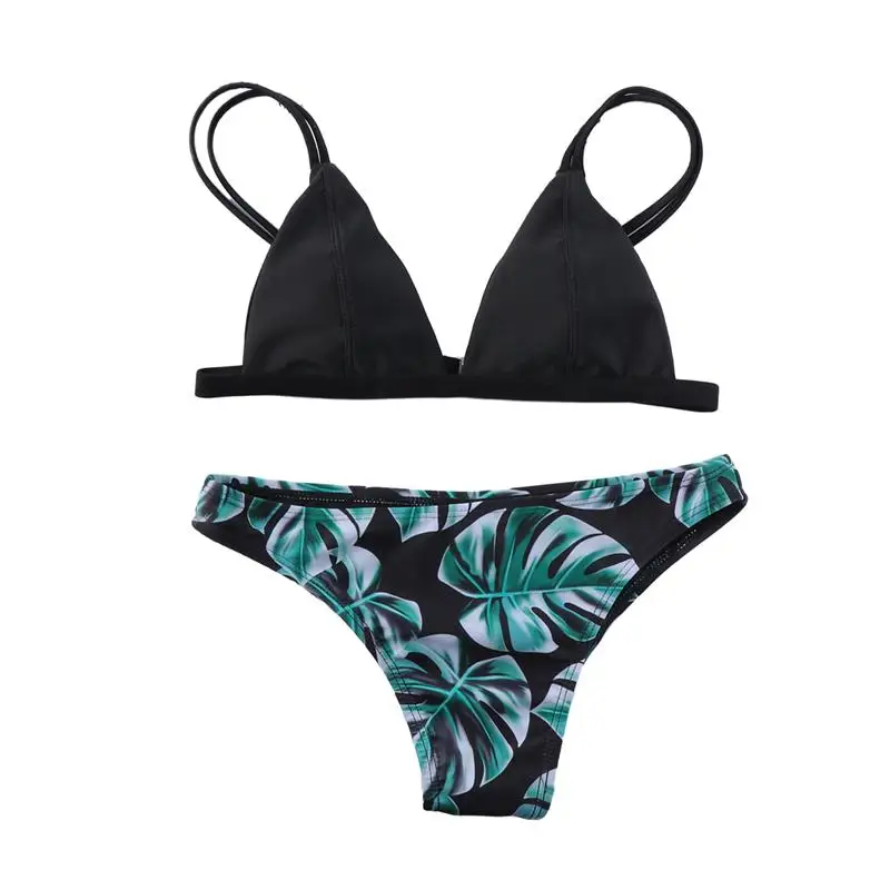2 шт. сексуальный комплект бикини с принтом зеленых листьев купальник тонкие
