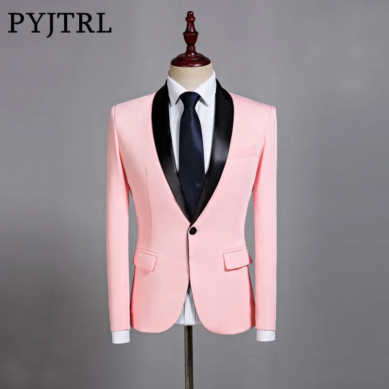 Pink blazer PYJTRL, мужской классический черный пиджак с отложным воротником, Розовый Повседневный Блейзер, вечерние, для сцены, певицы, свадебные, для жениха, приталенный пиджак - Цвет: Pink blazer