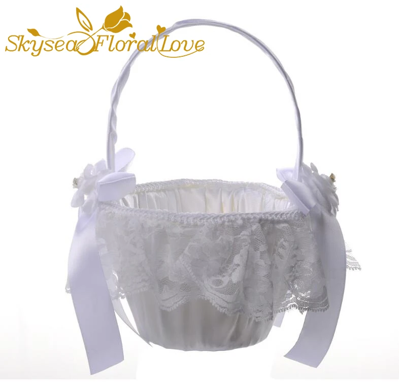 Свадебная Цветочная корзина с белым кружевным бантом дизайнерская для девочек