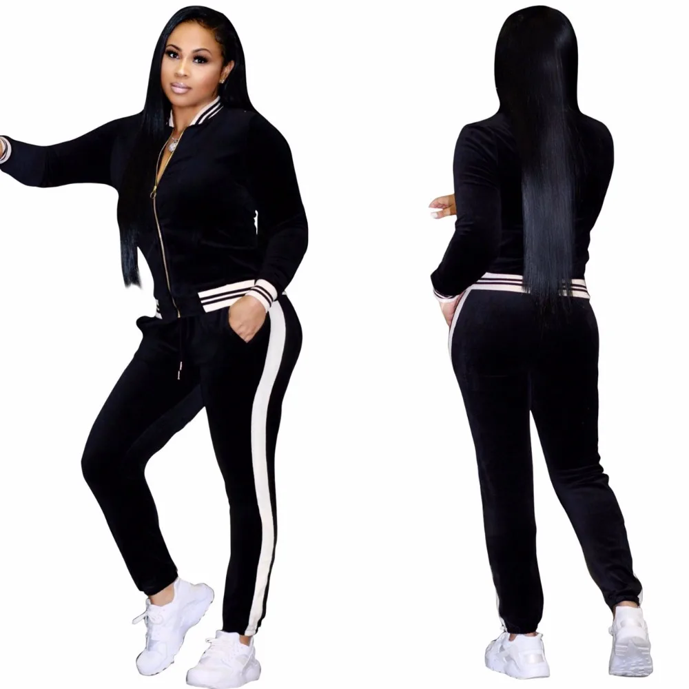 

Top Fashion High Quality Striped Women Jack Top With Pants Two Pieces Velvet Women Suits