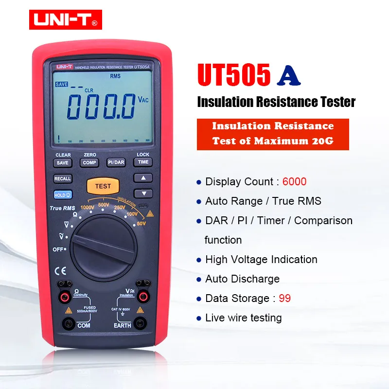 

UNI-T UT505A 1000V Digital Handheld True RMS Megger Insulation Resistance Meter Tester Multimeter Ohm Voltmeter Megohmmeter