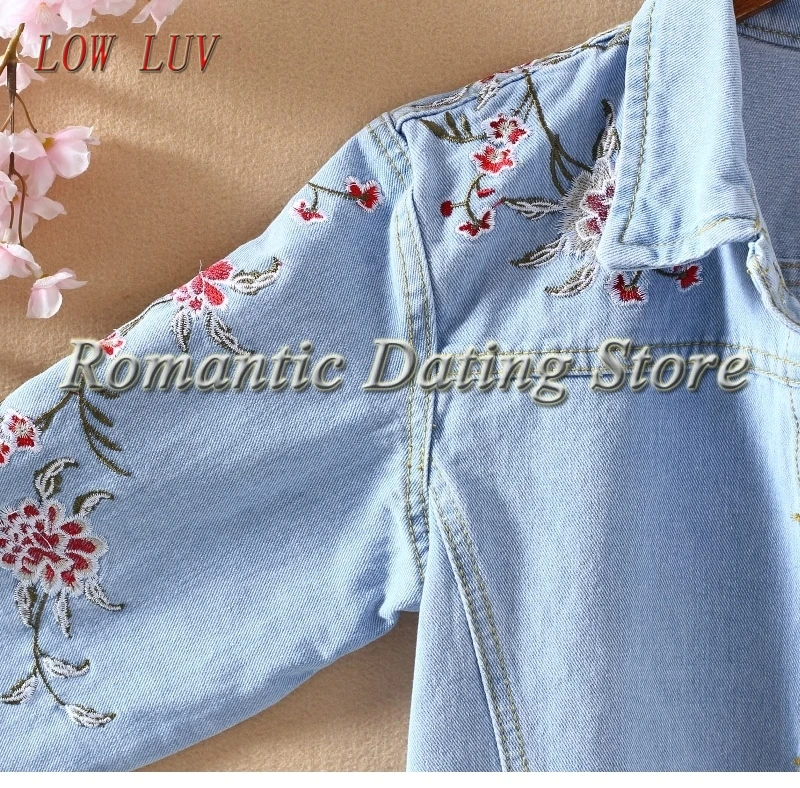 Женское джинсовое пальто с длинным рукавом повседневное тонкое вышивкой верхняя