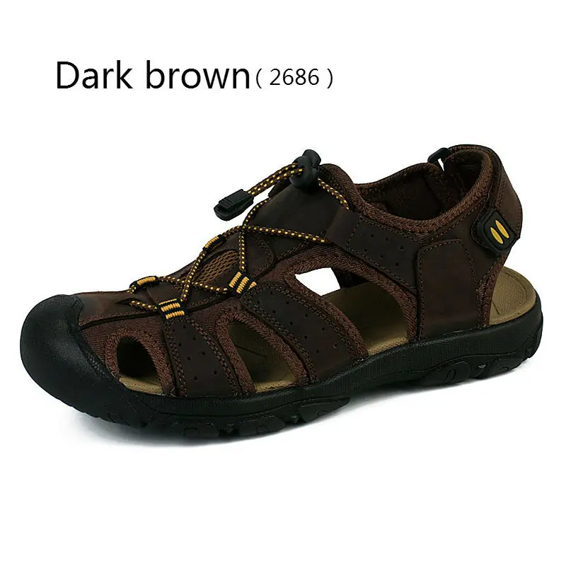 Dark brown BIMUDUIYU; фирменные мужские сандалии; Повседневная обувь из натуральной кожи на мягкой подошве; качественная летняя пляжная обувь; универсальная обувь; большие размеры - Цвет: Dark brown