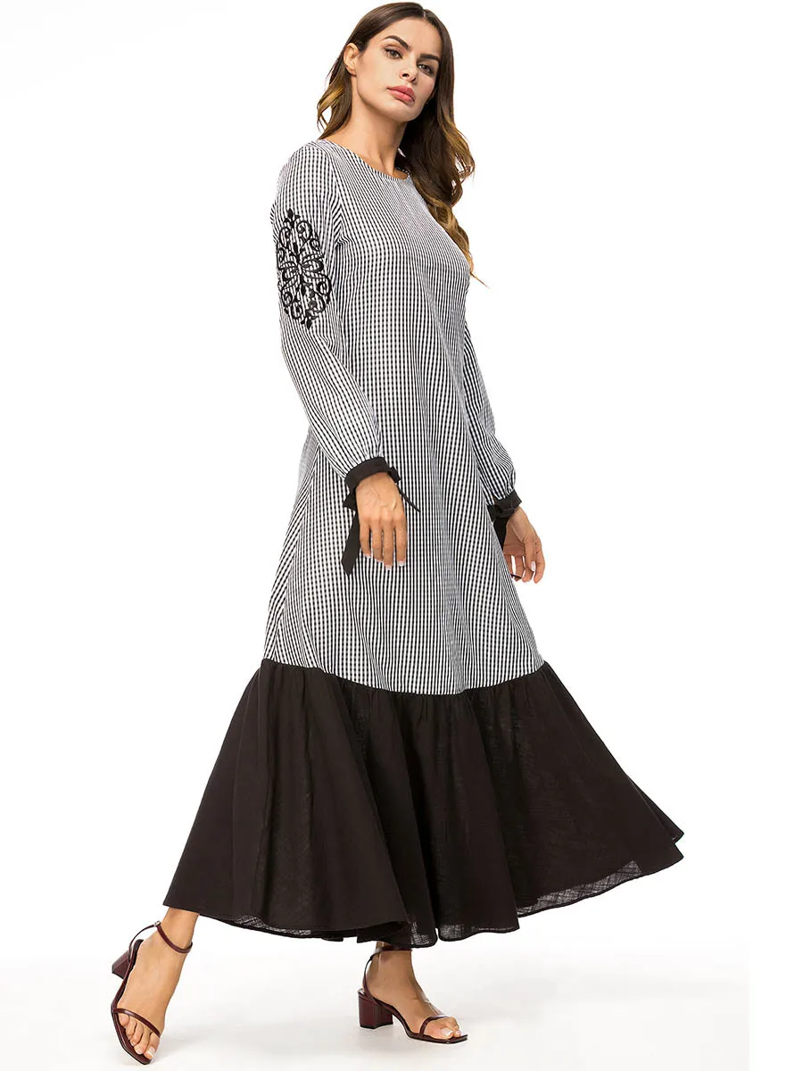 Embroidery Plaid Muslim Abaya Casual Ankle Length Dubai Long Dress Patch Design Maxi Arabic Robe 7365 | Тематическая одежда и