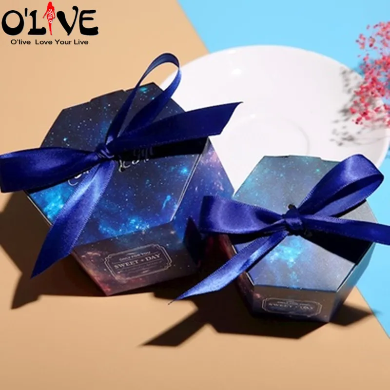 20 Pcs Gift Box Candy Boxes Party Favors Wedding Bonbonniere Hexagon Starry Sky Bow Paper Box Chocolate Sugar Dragees Sweets