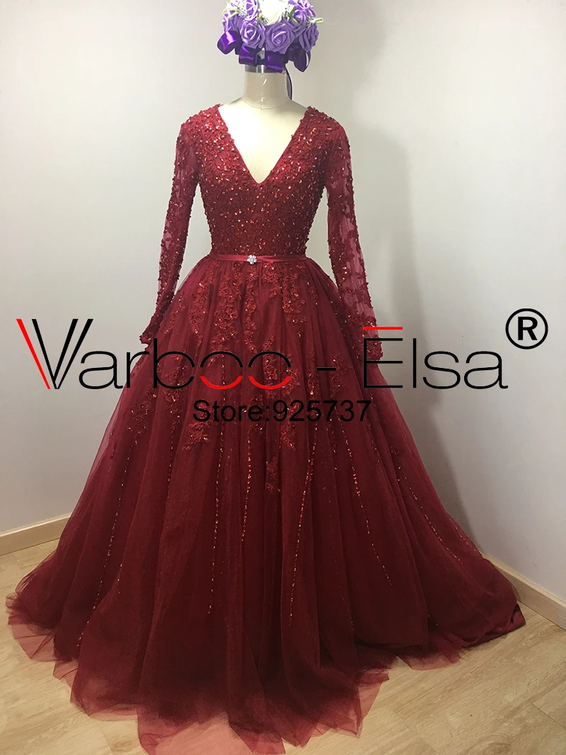 VARBOO_ELSA vestido de noiva Бисер V образным вырезом торжественные платья с красным кружевом с длинным шлейфом мяч халат с рукавами до локтя, свадебные платья в Китае