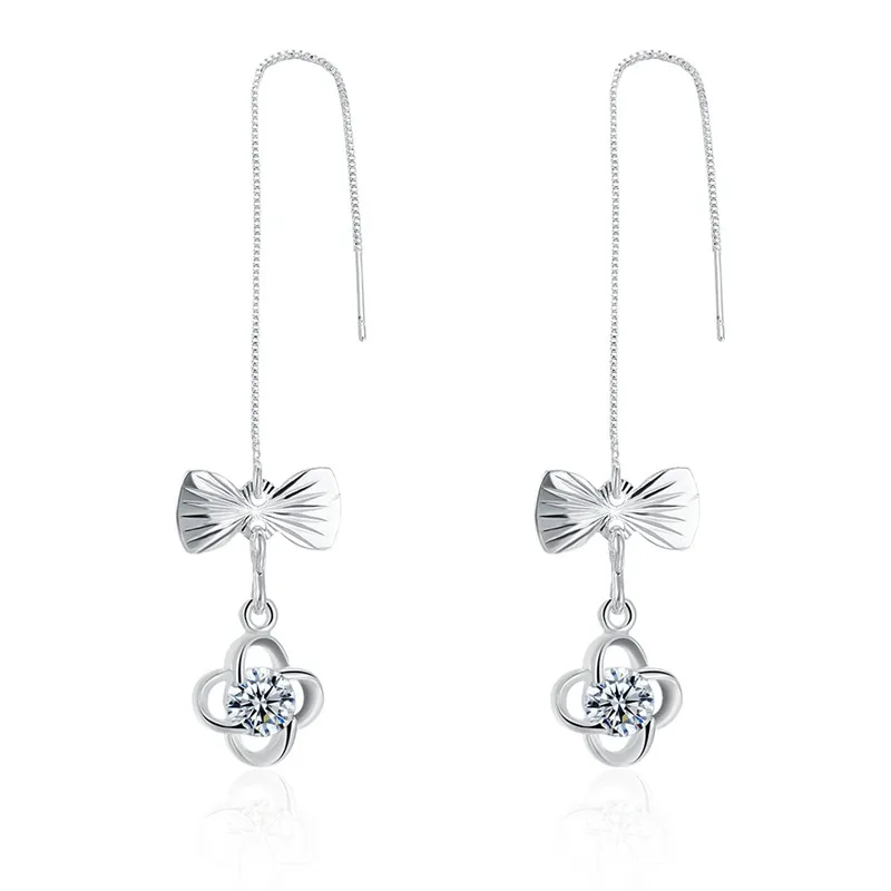 Shiny Cubic Zircon Clover Flower Long Chain White Gold Color Dangle Drop Earrings for Women Engagement Jewelry | Украшения и