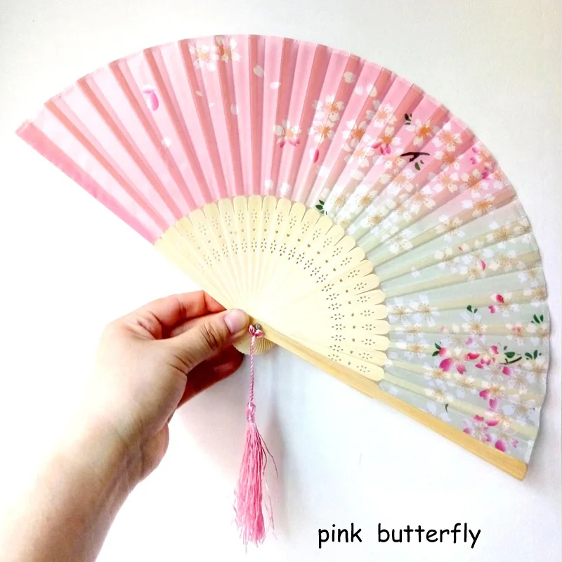 pink butterfly Вечерние, винтажные, Ретро Стильные, модные, китайские, Японский складной веер, 1 шт., узор, искусство, ремесло, подарок, свадебный танец, ручной вентилятор - Цвет: pink butterfly