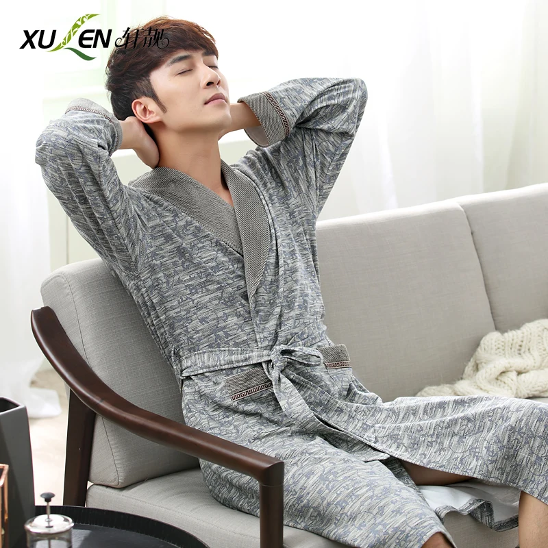 Для мужчин Весна осень bathrob хлопковый Халат Большие размеры банный домашний сна и