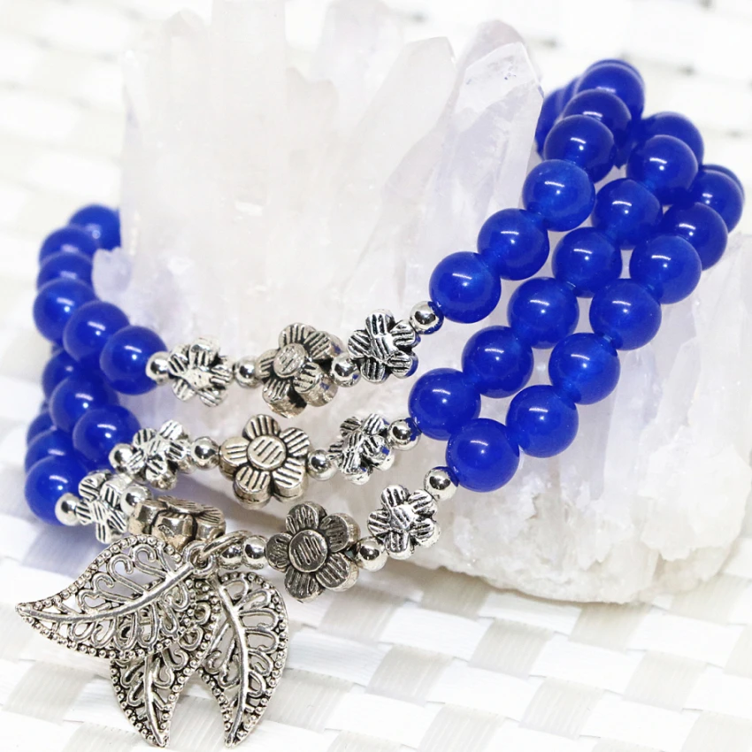 Original multilayer bracelet for women high quality natural blue round jades stone chalcedony 6mm beads jewelry making B2223 | Украшения и