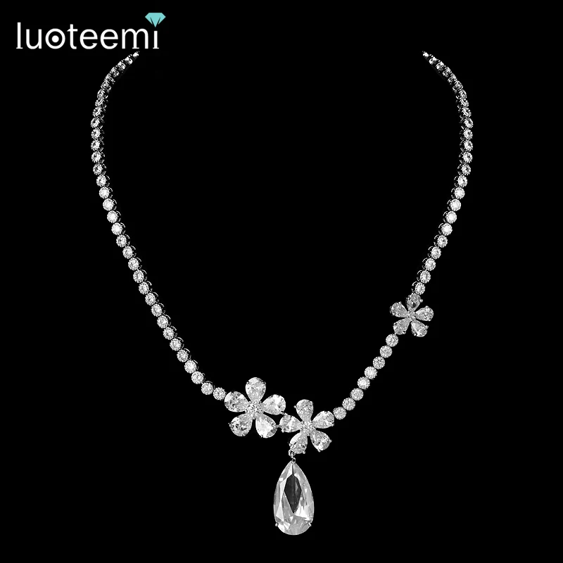 

LUOTEEMI Luxury White Gold-Color Waterdrop AAA Cubic Zirconia 3 Flowers Round Chain Necklace Bridal Wedding Jewelry Accessories