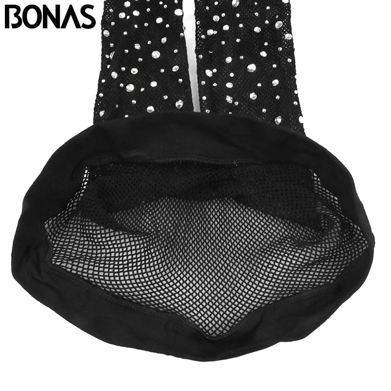 BONAS, черные блестящие сетчатые колготки, летние женские колготки, нейлон, длинные сексуальные колготки, бесшовные, полые, бриллиантовые, тонкие, сетчатые колготки
