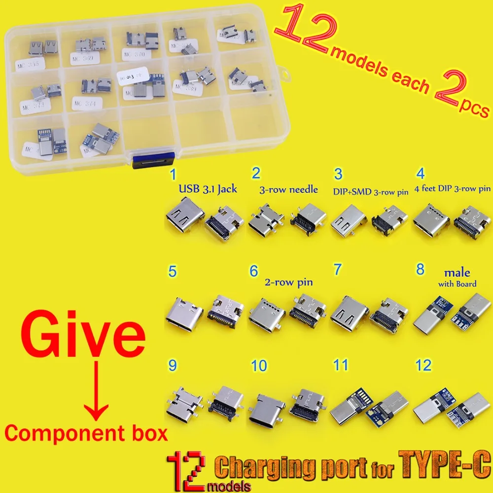 

24Pcs 12 Styles USB Female Mini USB SMD Vertical Socket Connector for DIY 3.1 Type C Jack Connector Port Charging Data Plug