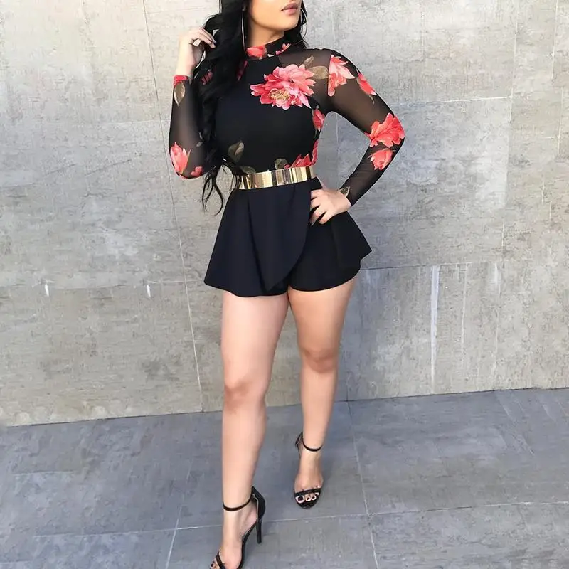 Женский комбинезон с цветочным принтом в стиле бохо круглым вырезом и открытой