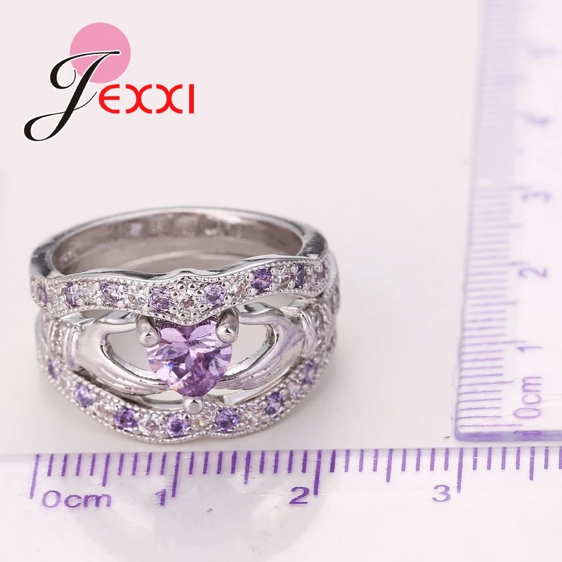 

Elegant Jewerlry Women Wedding Rings Set Purple CZ 925 Sterling Silver Engagement Party Finger Ring Set