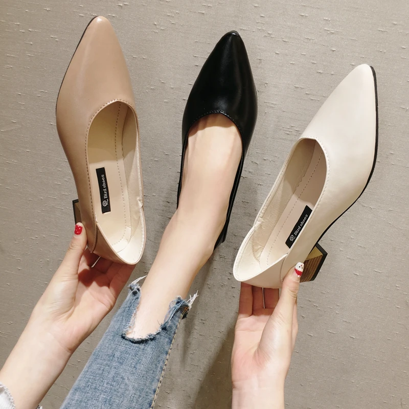 2019 fashion trend Korean version of the wild low with shallow mouth pointed small fresh girl thick high heels | Обувь