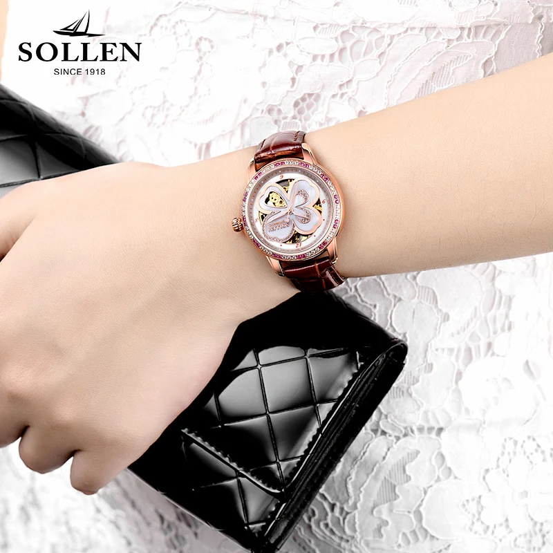 Orologio Donna Элитный бренд SOLLEN Скелет Для женщин часы в форме счастливого клевера для