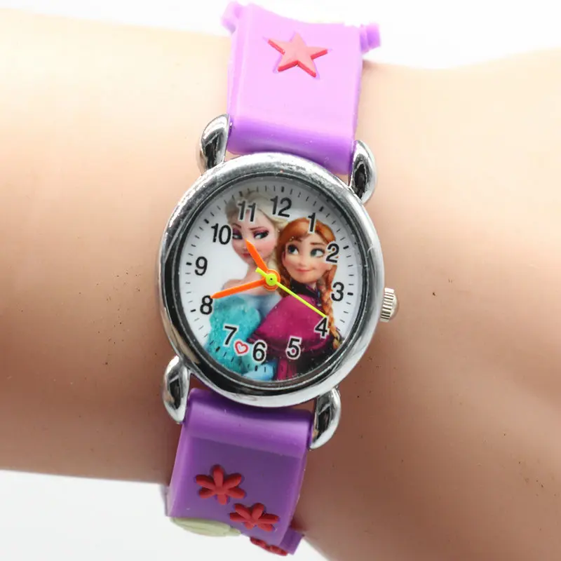 Relojes Mujer Infantil Reloj Принцесса Эльза Анна мультфильм часы 3D Детские кварцевые наручные часы - Цвет: Фиолетовый