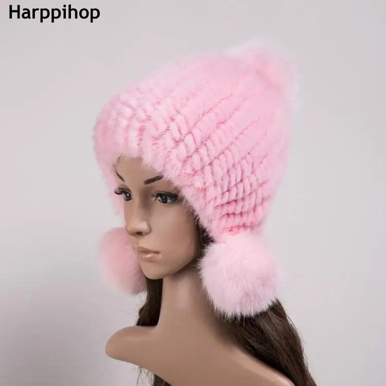 HARPPIHOP разноцветная норковая шапка женская зимняя меховая теплая шапка с ушками модная Милая настоящая норковая вязаная шапка из натурального меха - Цвет: pink