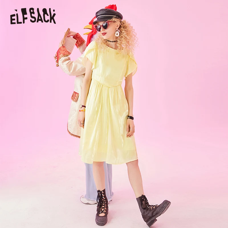 ELFSACK, элегантное, желтое, на шнуровке, для женщин, Платья для вечеринок, сексуальное, открытое, женское, а-силуэт, платье, модное, милое, с бантом, шифоновое, женская одежда