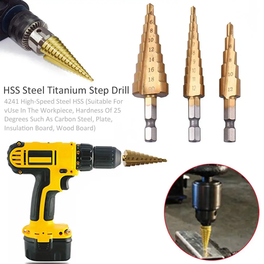 Metric Size Small HSS Steel Titanium Step Drill Bits 3 PCS HSS Metric 1/4 Hex Shank Titanium Coated Step Drill Bit Cutting Tool