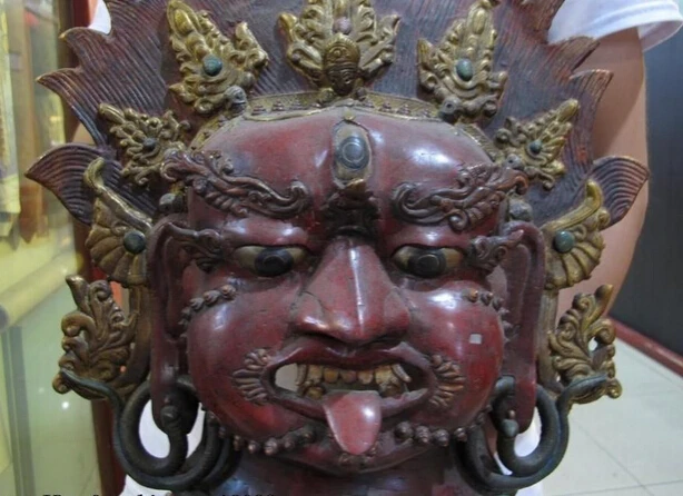 RHS0256 Тибетский буддизм Чистая Бронзовая инкрустация Красный Коралл Маскарадная