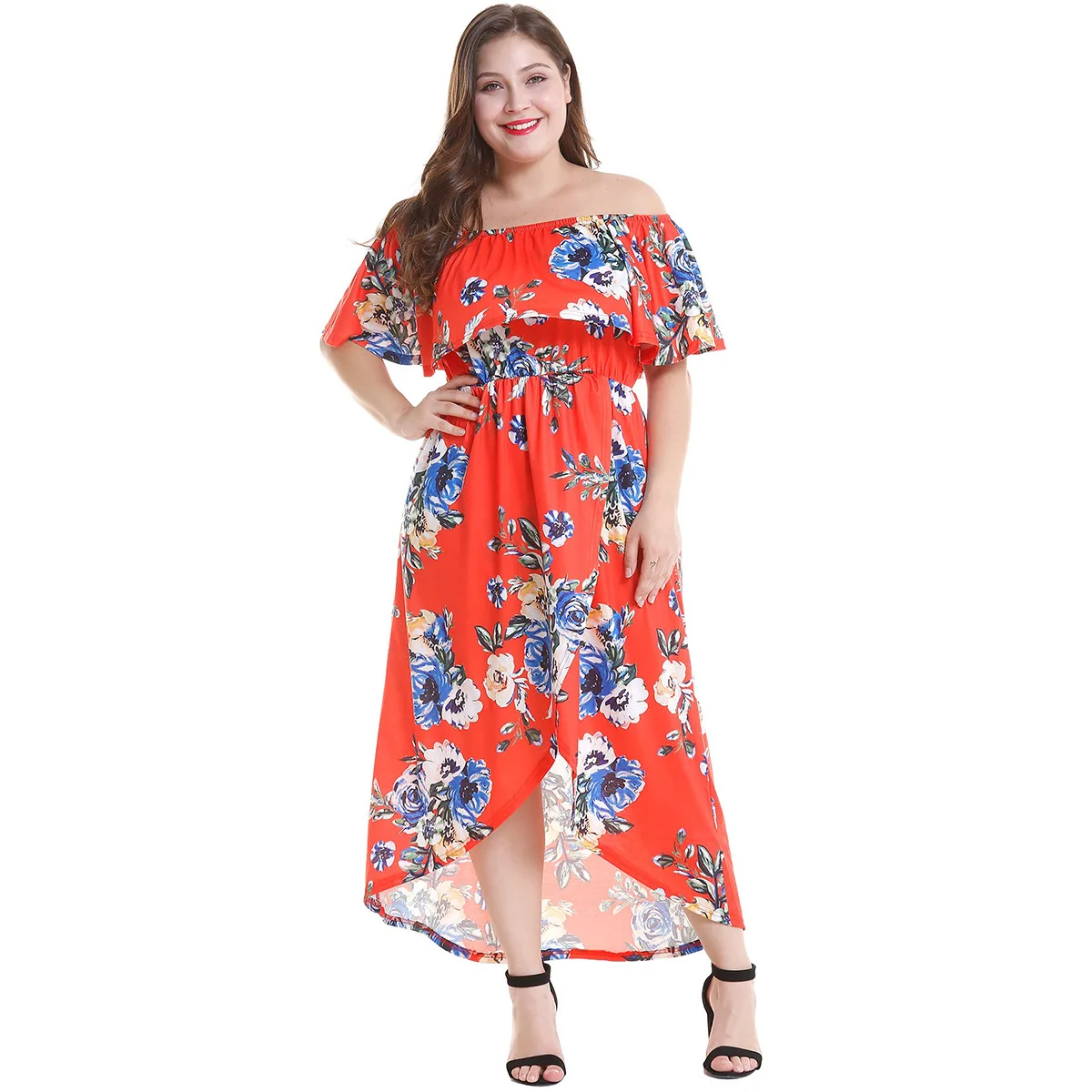 Женское платье большого размера в стиле Explosion Fat Mm с оборками на плечах и принтом |
