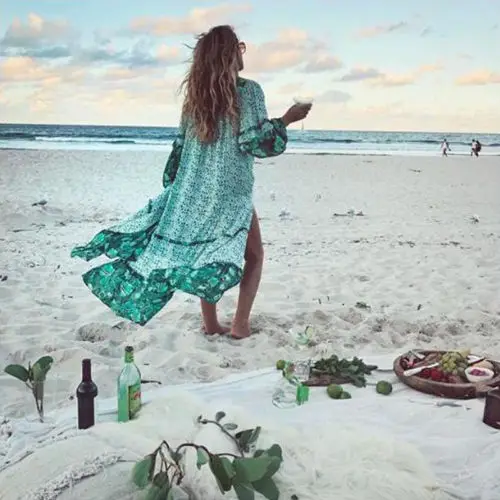 Женское пляжное платье с цветочным принтом Boho летнее зеленое макси v-образным