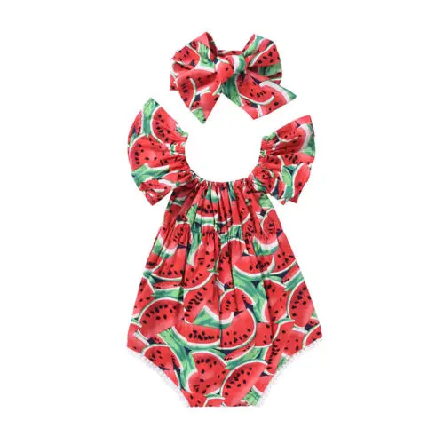 Cute Summer Toddler Girls clothes Watermelon short sleeve Bodysuit Jumpsuit +headband Outfit Sunsuit Clothes | Мать и ребенок